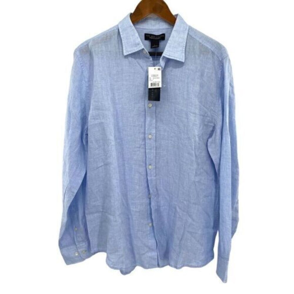 The Men’s Store Bloomingdale’s Blue White Check Linen Long Sleeve Dress Shirt
